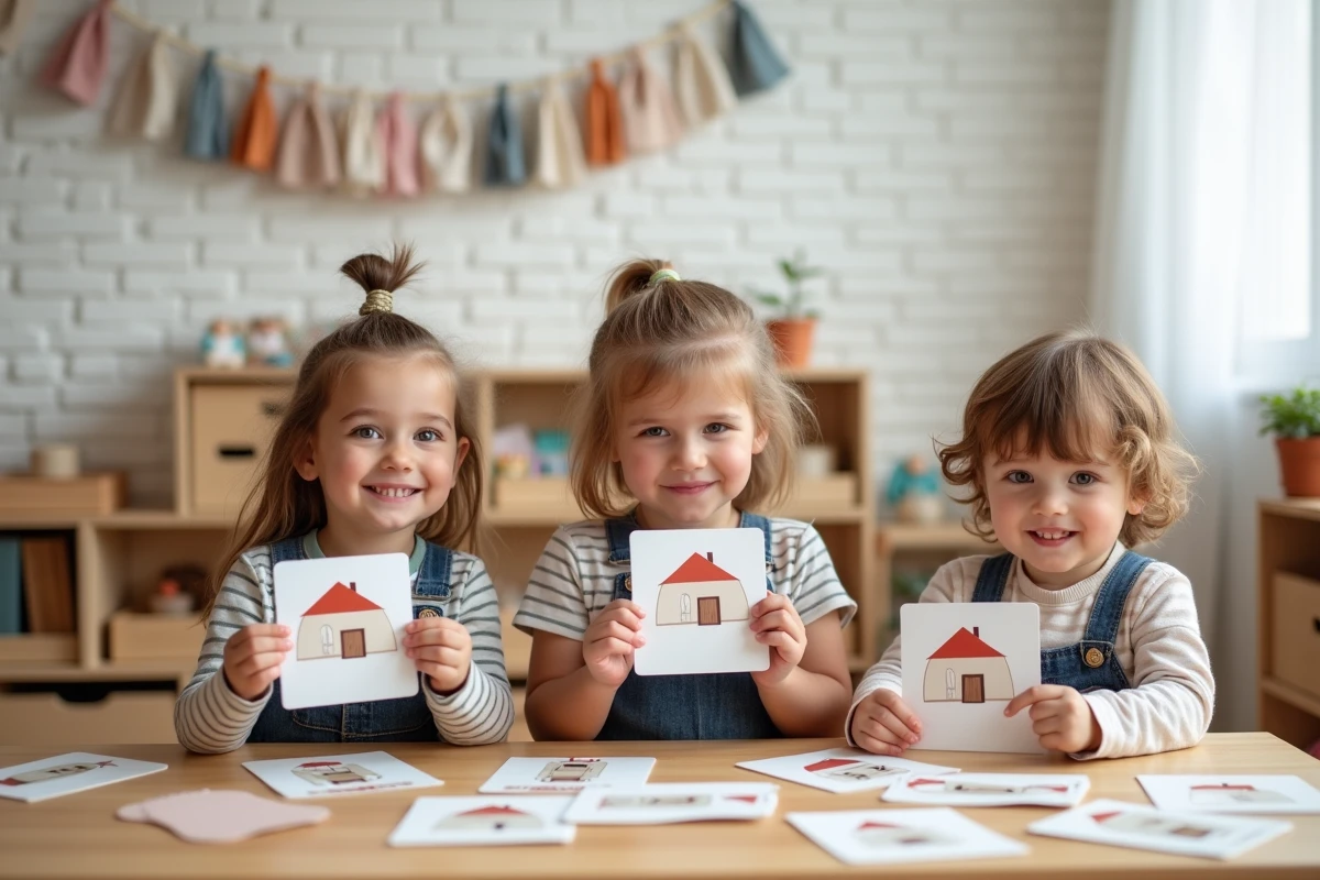 Enfants de maternelle manipulant des cartes illustrées de la comptine La maison de ma tante autour d'une table en bois