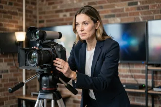 Actrice américaine devenue réalisatrice, debout derrière une caméra de cinéma professionnelle sur un plateau de tournage, regard concentré et posture assurée