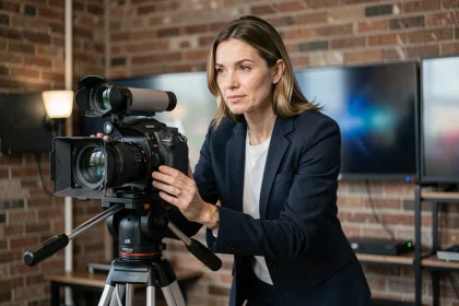 Actrice américaine devenue réalisatrice, debout derrière une caméra de cinéma professionnelle sur un plateau de tournage, regard concentré et posture assurée