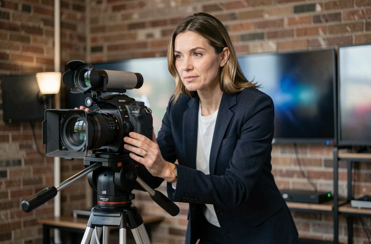 Actrice américaine devenue réalisatrice, debout derrière une caméra de cinéma professionnelle sur un plateau de tournage, regard concentré et posture assurée