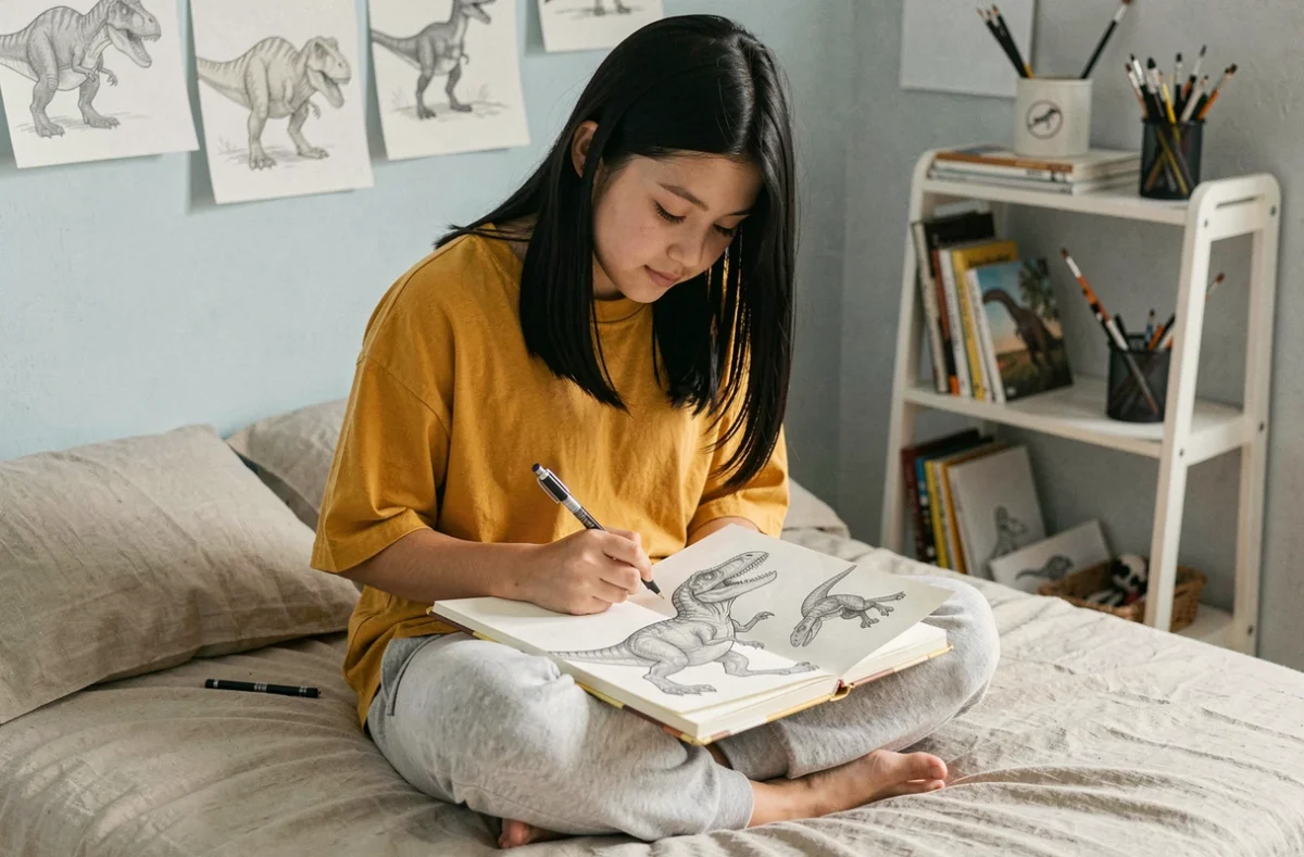 Adolescente dessinant un Vélociraptor dans un carnet de croquis assise en tailleur sur son lit dans sa chambre