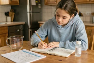 Adolescente faisant ses devoirs de maths avec un tableau de conversion litre cm3 sur une table en bois à la maison