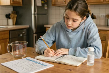 Adolescente faisant ses devoirs de maths avec un tableau de conversion litre cm3 sur une table en bois à la maison