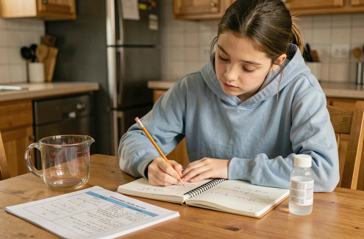 Adolescente faisant ses devoirs de maths avec un tableau de conversion litre cm3 sur une table en bois à la maison
