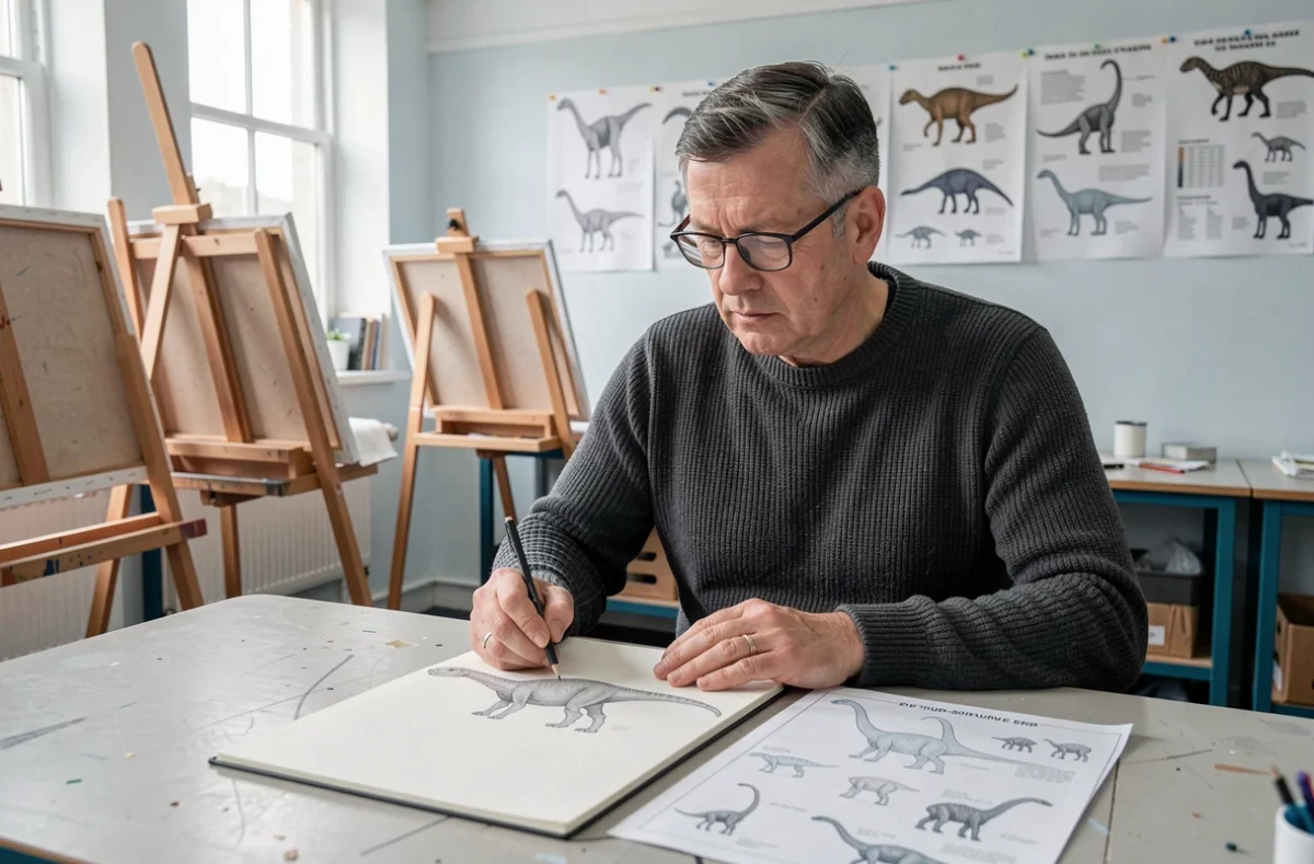 Homme adulte comparant son dessin de dinosaure à un tutoriel imprimé dans une salle de cours artistique