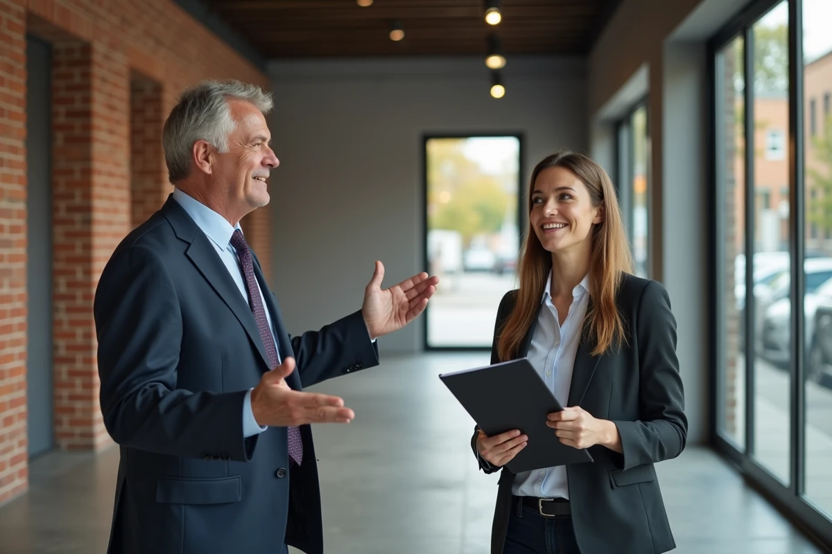 Agent immobilier souriant devant un espace commercial rénové