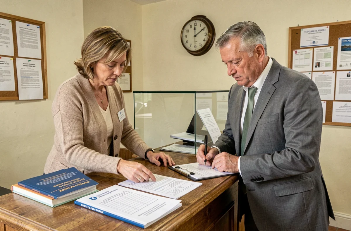 Agents municipaux vérifiant les règles de conformité du bulletin de vote officiel pour une petite commune de moins de 1000 habitants