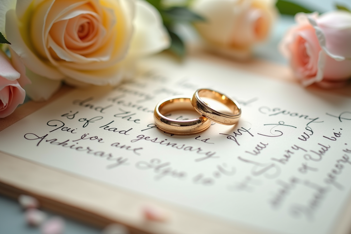 Alliances de mariage sur une lettre de vœux entourée de fleurs délicates