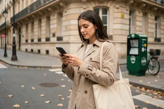 Femme consultant une application de transports alternatifs à la ligne RATP 3 sur son smartphone à Paris