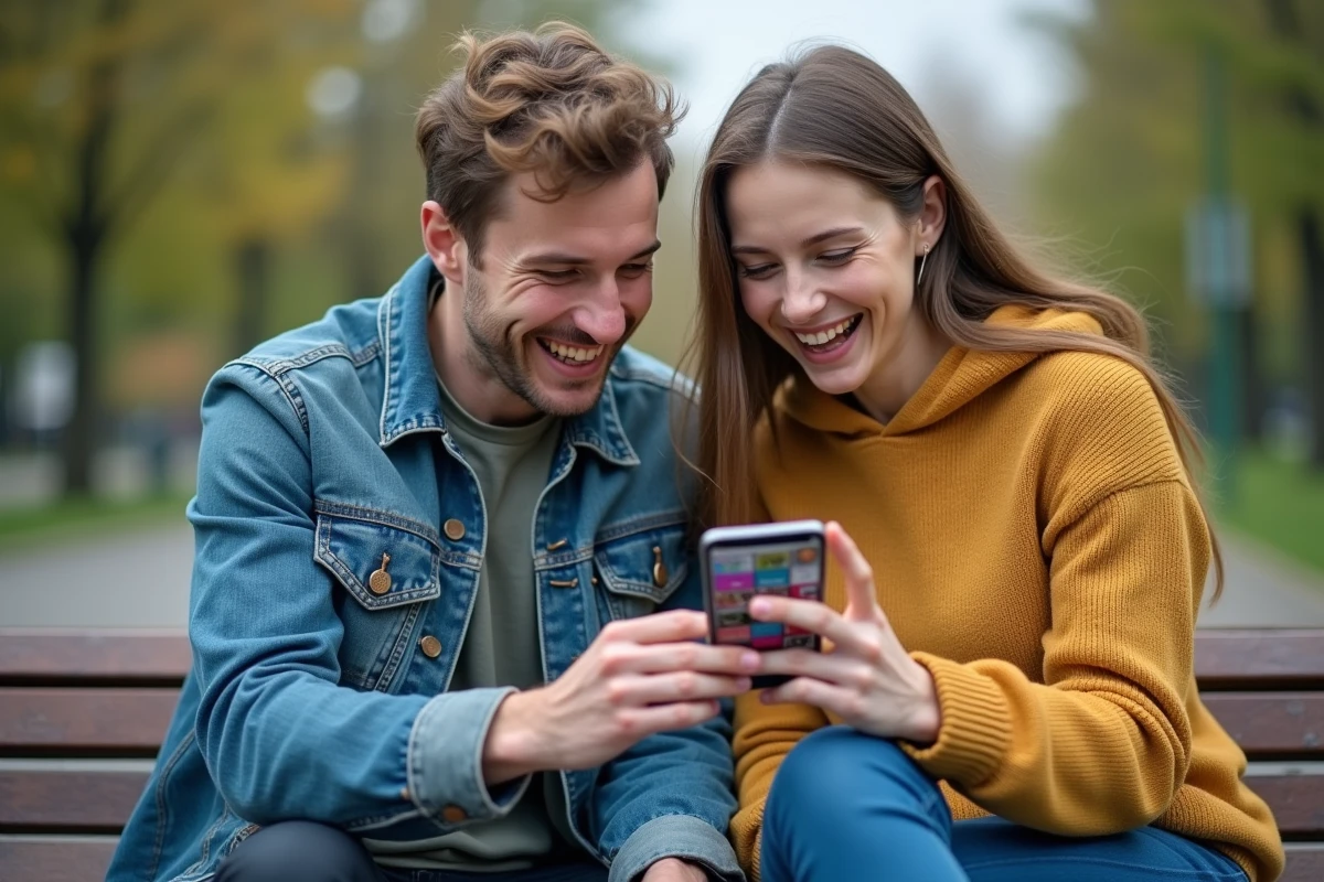 Deux amis consultant ensemble un jeu 4 images 1 mot sur smartphone dans un parc urbain