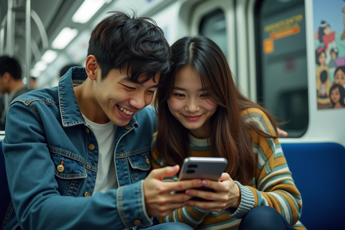 Deux amis lisant un manga sur smartphone ensemble dans le métro lors d'un trajet urbain