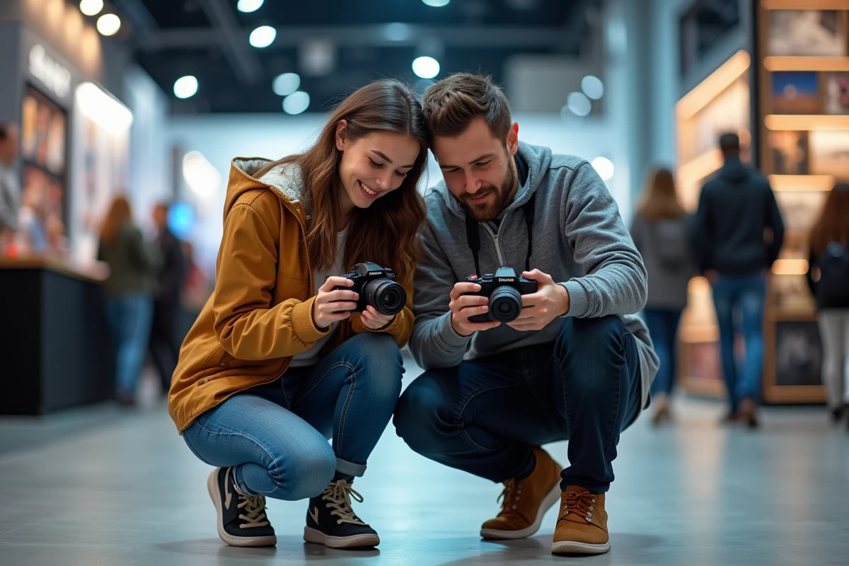 Deux amis testant des appareils photo de différentes marques dans un salon de photographie pour faire leur choix
