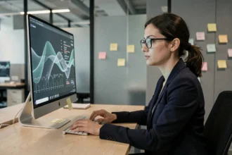 Femme analyste examinant des signaux numériques flous sur un écran d'ordinateur dans un bureau moderne