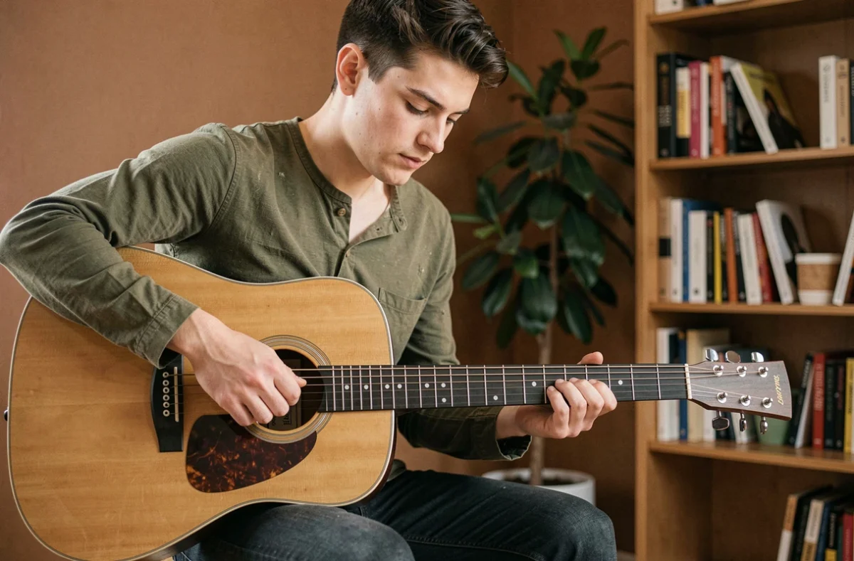 Jeune guitariste apprenant les accords de guitare acoustique dans un salon chaleureux