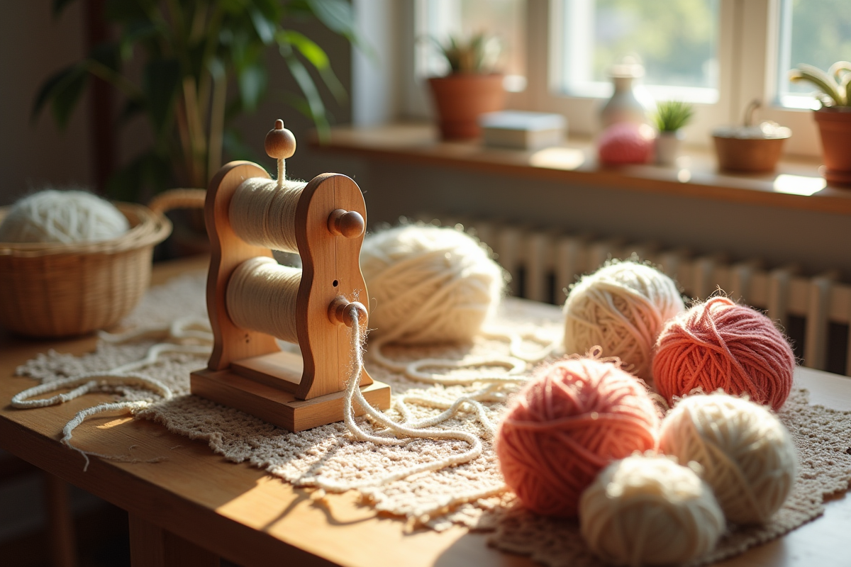 Espace lumineux avec bobines de laine sur une table en bois