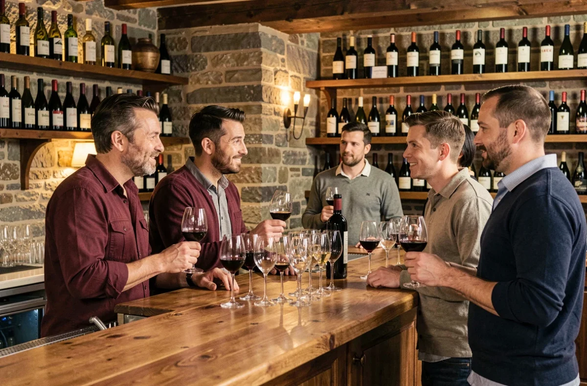 Bar à vins chaleureux avec comptoir en bois et murs en pierre, des clients dégustant du vin dans une atmosphère conviviale