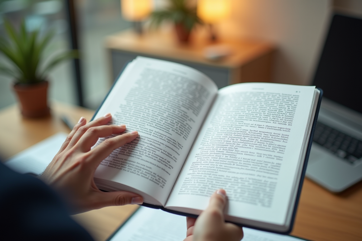 Avocat tenant des pages annotées du code civil en bureau lumineux