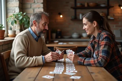 Deux adultes jouant à la belote à deux autour d'une table en bois rustique à la maison, tenant des cartes à jouer françaises