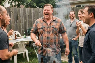 Homme en chemise à carreaux racontant une blague de beauf à un barbecue entre amis dans un jardin de banlieue