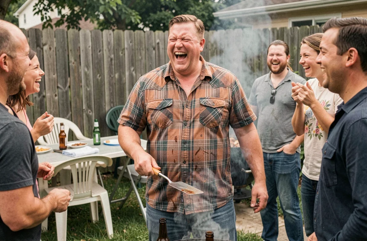 Homme en chemise à carreaux racontant une blague de beauf à un barbecue entre amis dans un jardin de banlieue