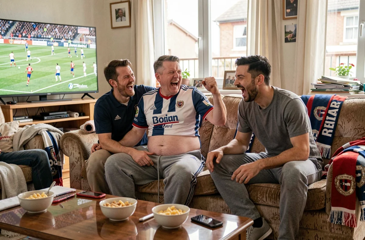 Groupe d'amis hilares sur un canapé regardant un match de foot et échangeant des blagues de beauf dans un salon