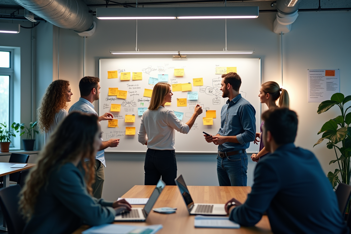 Équipe en brainstorming avec tableau blanc et postit colorés