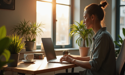 Espace de travail moderne près d'une fenêtre ensoleillée