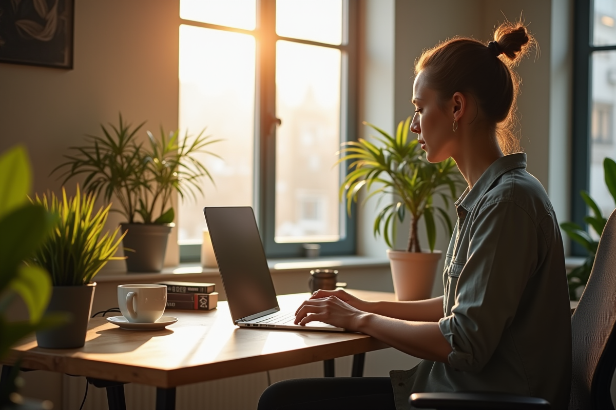 Espace de travail moderne près d'une fenêtre ensoleillée