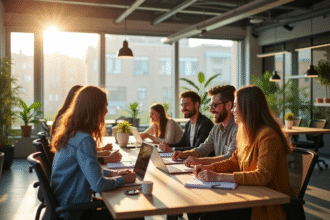 Bureau moderne lumineux avec équipe souriante et collaborative