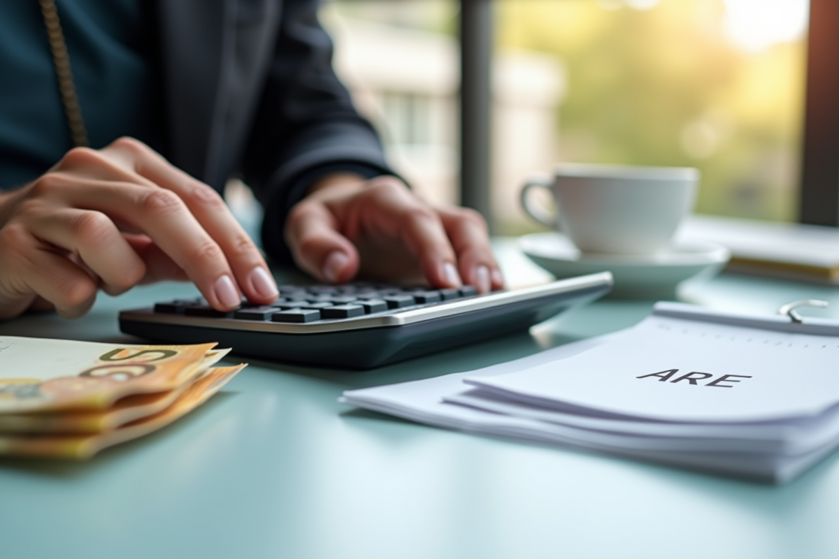 Mains utilisant une calculatrice avec des billets d