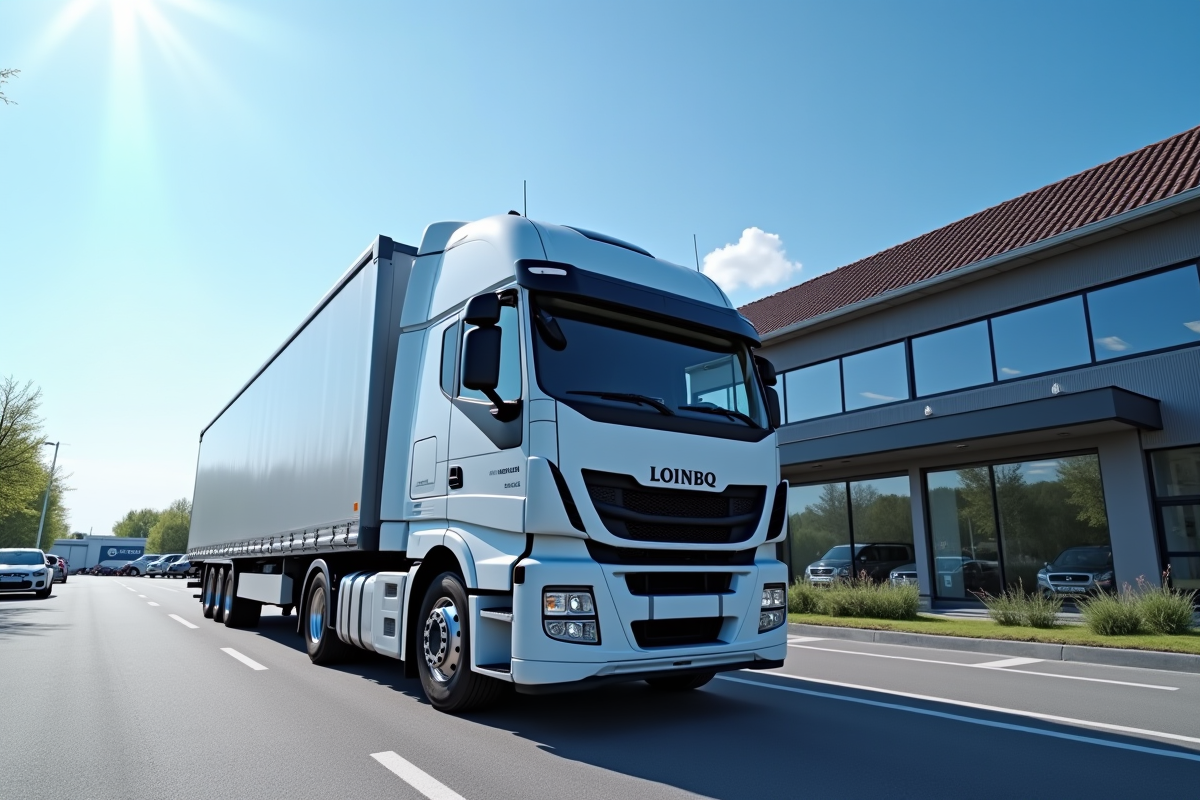 Camion léger moderne devant un concessionnaire européen ensoleillé