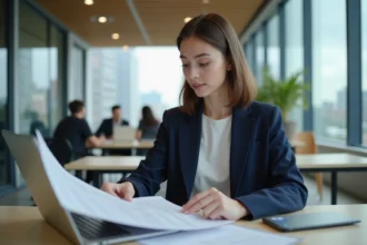 Jeune femme professionnelle relisant une candidature de stage sur son bureau en open space moderne