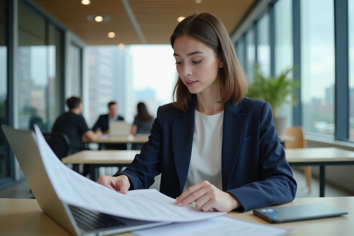 Jeune femme professionnelle relisant une candidature de stage sur son bureau en open space moderne