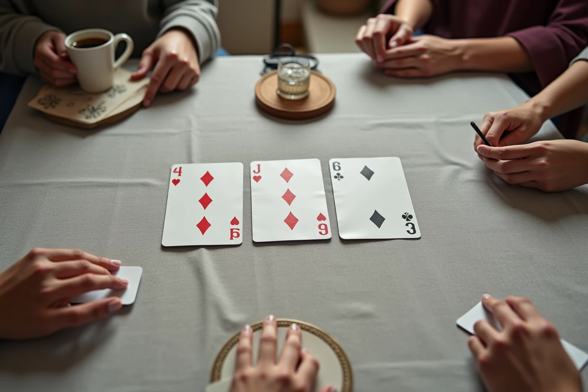 Vue aérienne de cartes de belote disposées sur une nappe en lin avec un carnet de score manuscrit lors d'une partie à deux