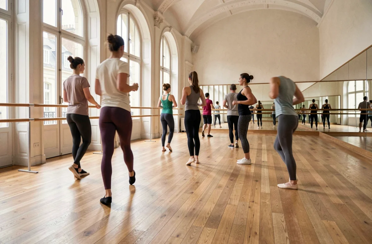 Salle de danse spacieuse du Centre de Danse Brunerie avec parquet en bois et miroirs muraux, des danseurs en plein entraînement