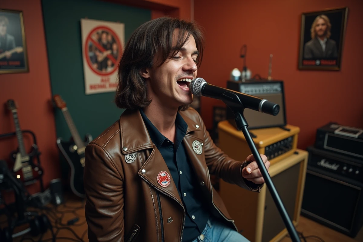 Chanteur rock français en répétition en studio