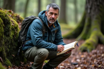 Chercheur en plein air avec journal dans une forêt dense