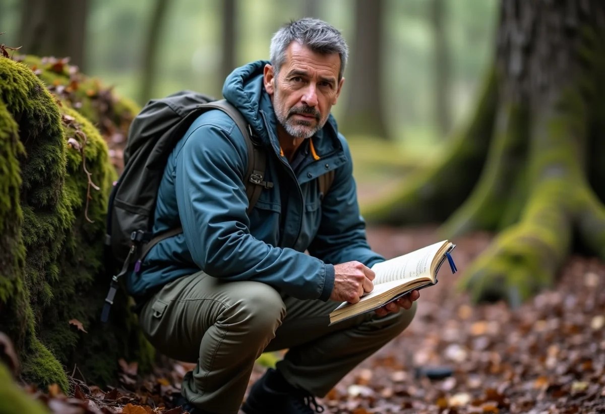 Chercheur en plein air avec journal dans une forêt dense
