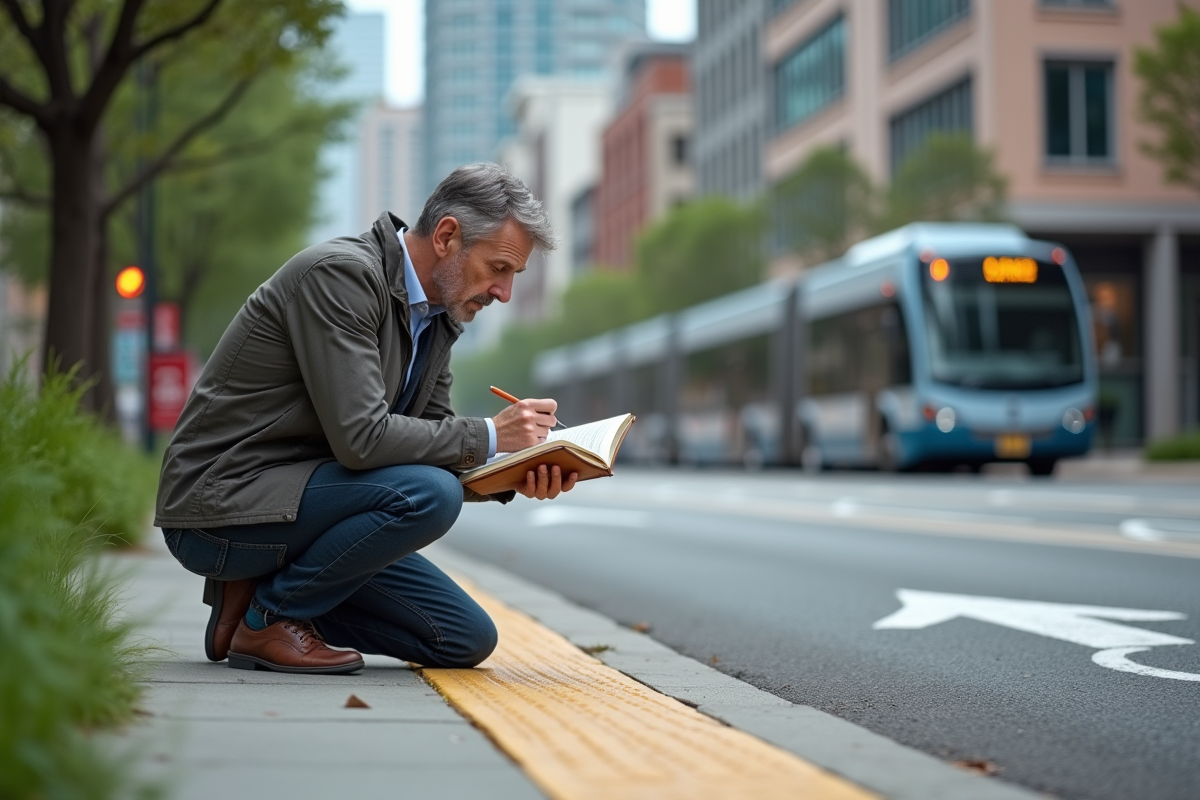 Chercheur urbain prenant des notes sur un trottoir urbain