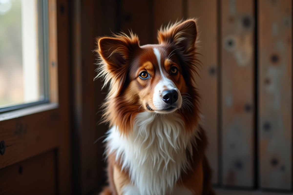 Chien Australian Shepherd assis près d’un mur en intérieur