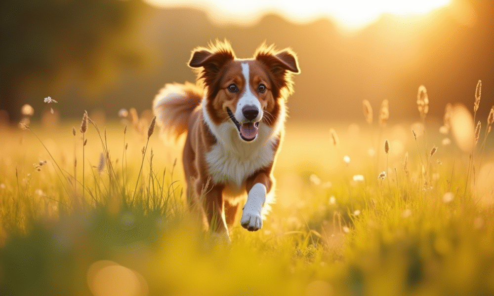 Chien Australian Shepherd courant dans un champ ensoleille