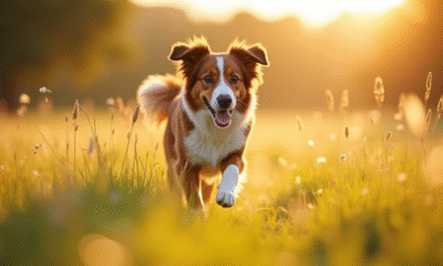 Chien Australian Shepherd courant dans un champ ensoleille