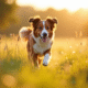 Chien Australian Shepherd courant dans un champ ensoleille