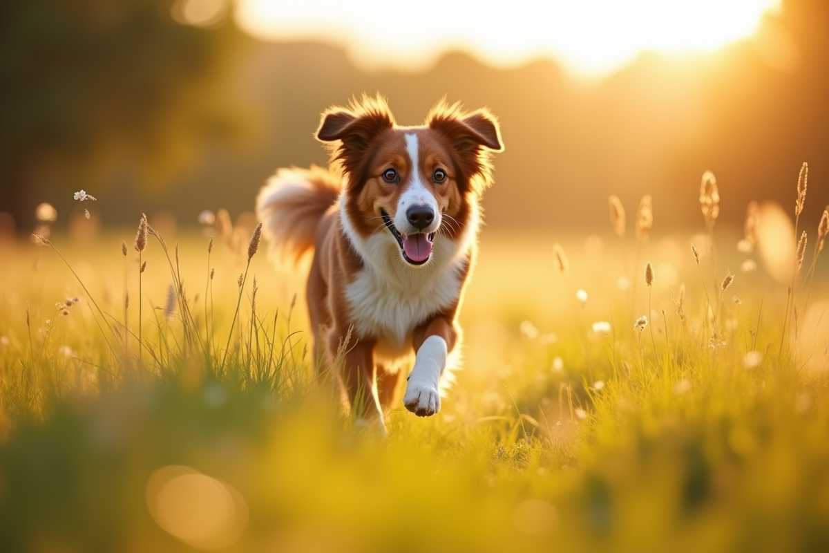 Chien Australian Shepherd courant dans un champ ensoleille