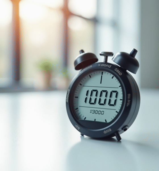 Chronometre digital affichant 1000 secondes sur une table blanche