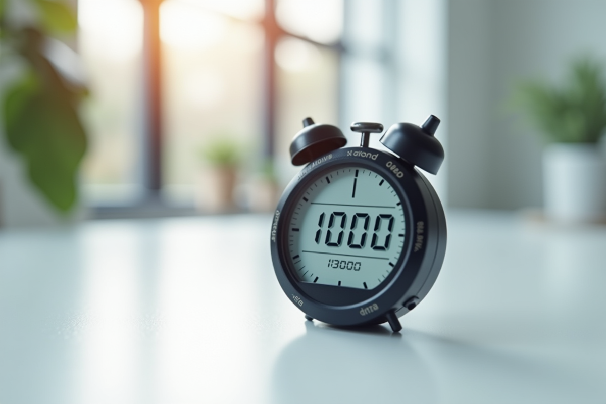 Chronometre digital affichant 1000 secondes sur une table blanche