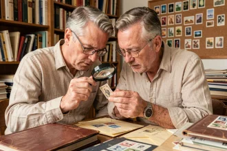 Collectionneur examinant un timbre rare français à la loupe sur une table d'antiquaire