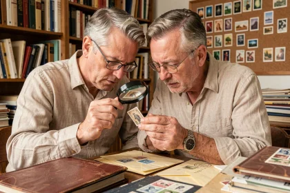 Collectionneur examinant un timbre rare français à la loupe sur une table d'antiquaire