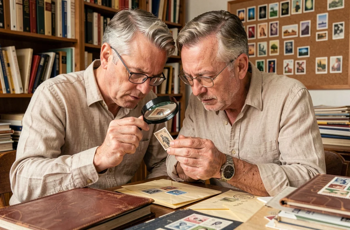 Collectionneur examinant un timbre rare français à la loupe sur une table d'antiquaire