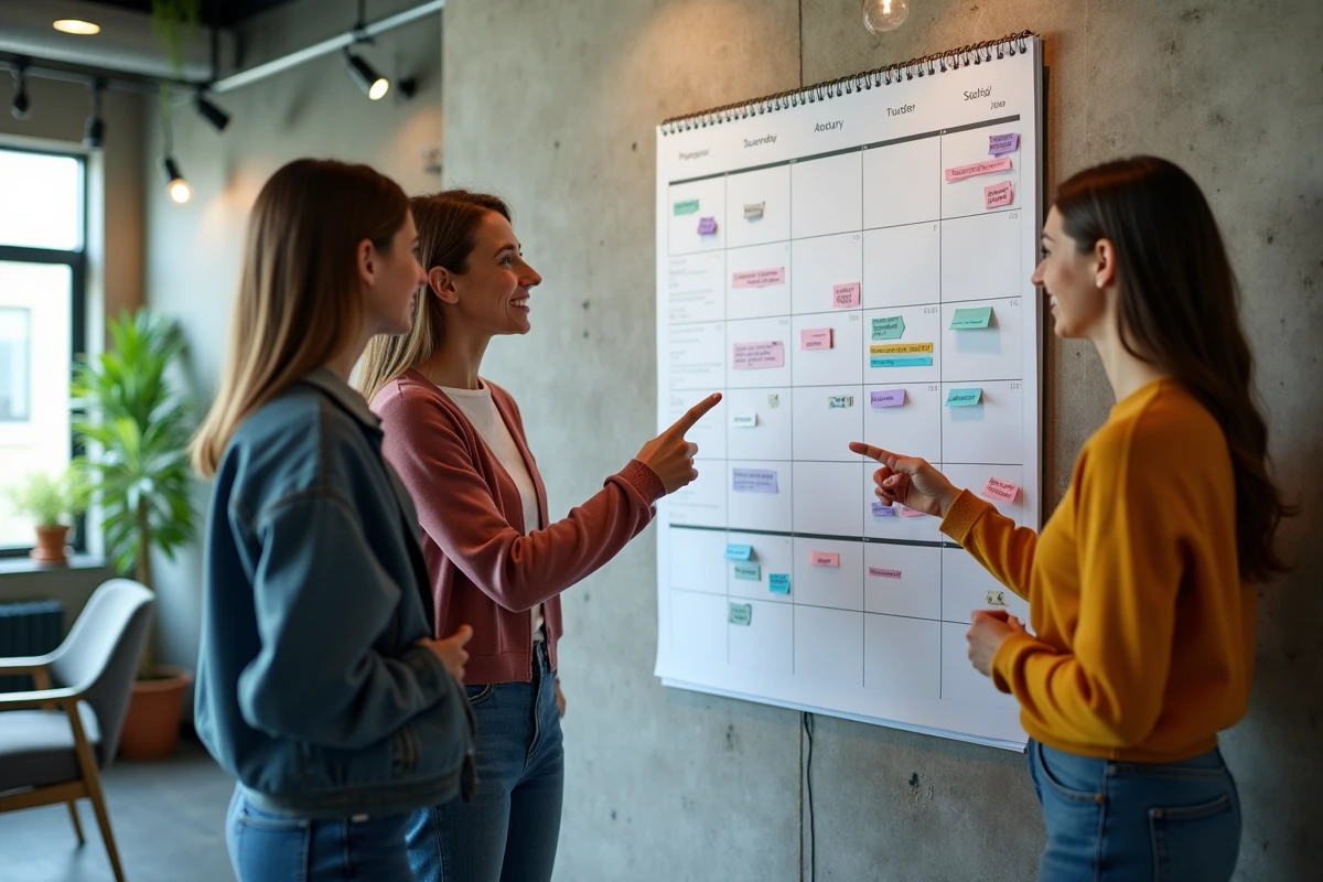 Groupe de collègues discutant d'un grand calendrier mural des journées mondiales dans un bureau moderne